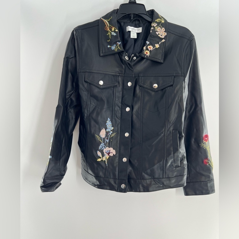 CHRISTOPHER BANKS FAXU LEATHER FLORAL BLACK MOTORCYCLE STULE JACKET BLACK PM